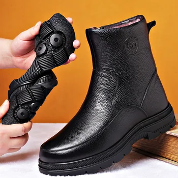 Kış Orta Buzağı Çizmeler Erkekler Koyun Kürk Ayakkabı İngiliz Tarzı Yan Zip Hakiki Deri Yün Sıcak Çizmeler Kalın Alt kaymaz Loafer'lar  10