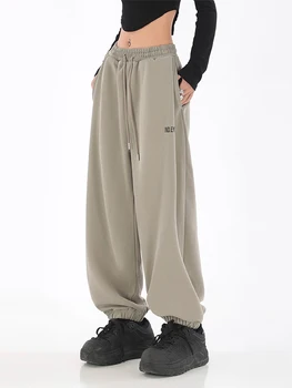 Pilili Yüksek Bel Kadın Düz Renk Sweatpants Sonbahar Kış Pantolon Gevşek Geniş Bacak İpli Pantolon Amerikan Tarzı Streetwear  5