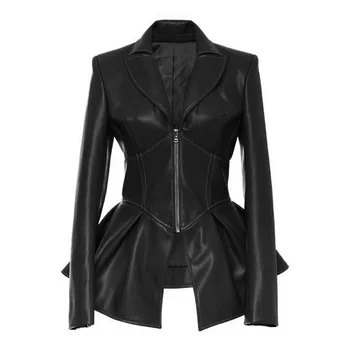 2021 Yeni Siyah PU Ceket Kadın Yaka Blazers Deri Mont Kadın Sonbahar Ruffled Hem Ceketler Büyük Boy Büyük S-3XL Moda  5