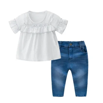 Kelebek Kollu Beyaz Üst T-Shirt Denim Mavi Kot 2 Parça Setleri 1-8Y Yürüyor Çocuk Bebek Kız Giysileri Uzun Pantolon Kıyafet Suit pembe  10