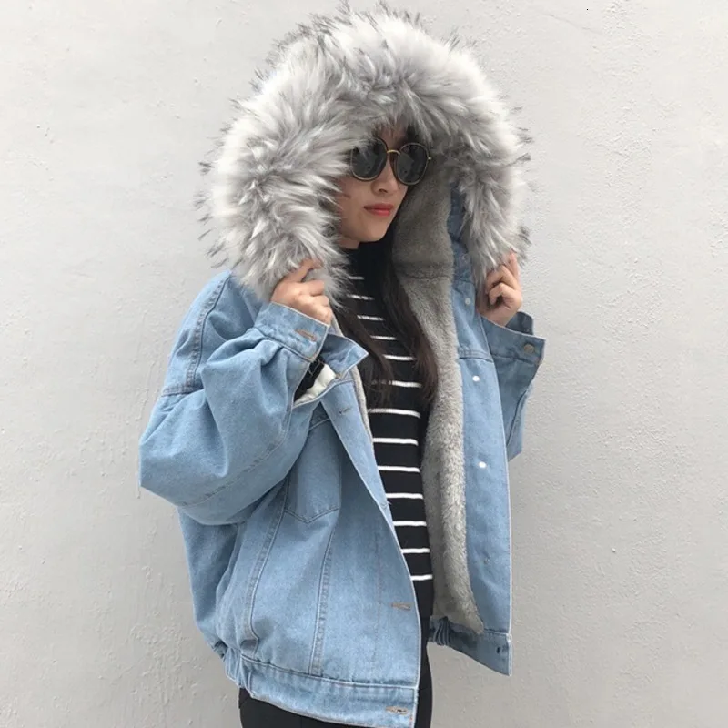 Kadife Kalın Denim Kapüşonlu Ceket Kadın Kış Büyük Kürk kapüşonlu ceket Streetwear Kısa günlük ceketler Parka Kadın Sıcak Giyim