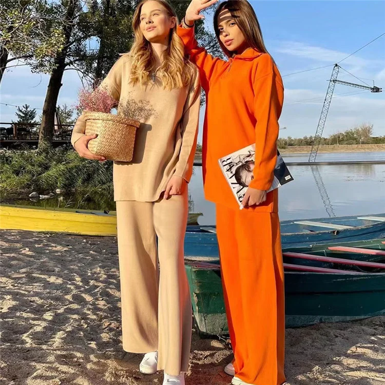 Kadın İki parçalı Setleri Moda Geniş Bacak Pantolon Rahat Kadın Kıyafetler 2 Parça Katı Kolay Kazak Seti Sonbahar Yeni