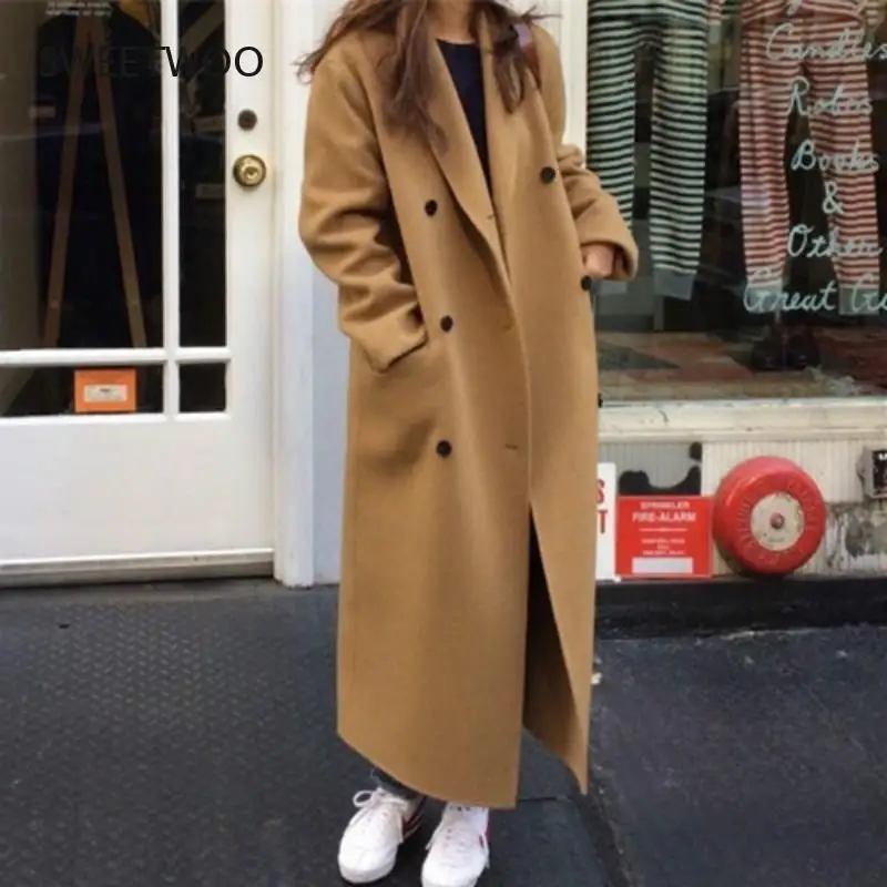 Kore Kadın Sonbahar Kış Kruvaze Uzun Yün Ceket Bayanlar Uzun Kollu Çentikli Yaka Palto Parka Ceket Vintage