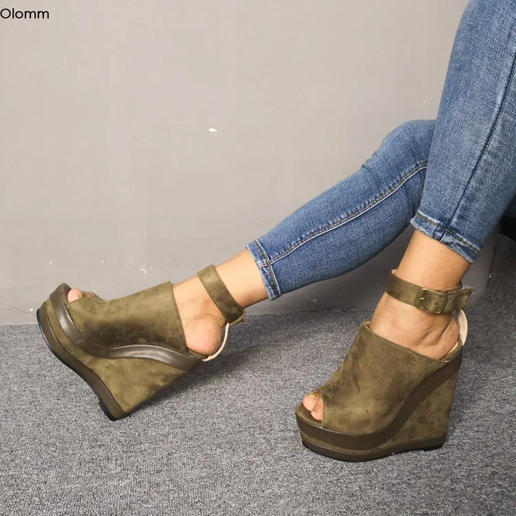 Olomm Yeni Kadın platform sandaletler Takozlar Yüksek Topuklu Sandalet Burnu açık Muhteşem Ordu Yeşil rahat ayakkabılar Kadın ABD Artı Boyutu 5-15