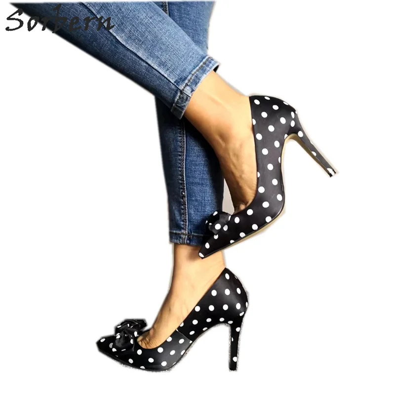 Sorbern Beyaz Nokta Siyah Kadın Pompaları Ilmek Stilettos Üzerinde Kayma Yüksek Topuk Ayakkabı Ofis Kadın Scarpe Con Tacco Yeni Özel Renk