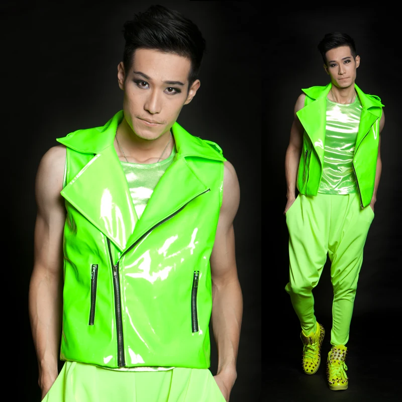 Sıcak Yeni DS Moda Erkek Marka Yelekler Sahne Şarkıcı Giyim Erkek Neon Yeşil Süper Motosiklet Yelek Erkek Giyim Kostüm Ceket M-3XL