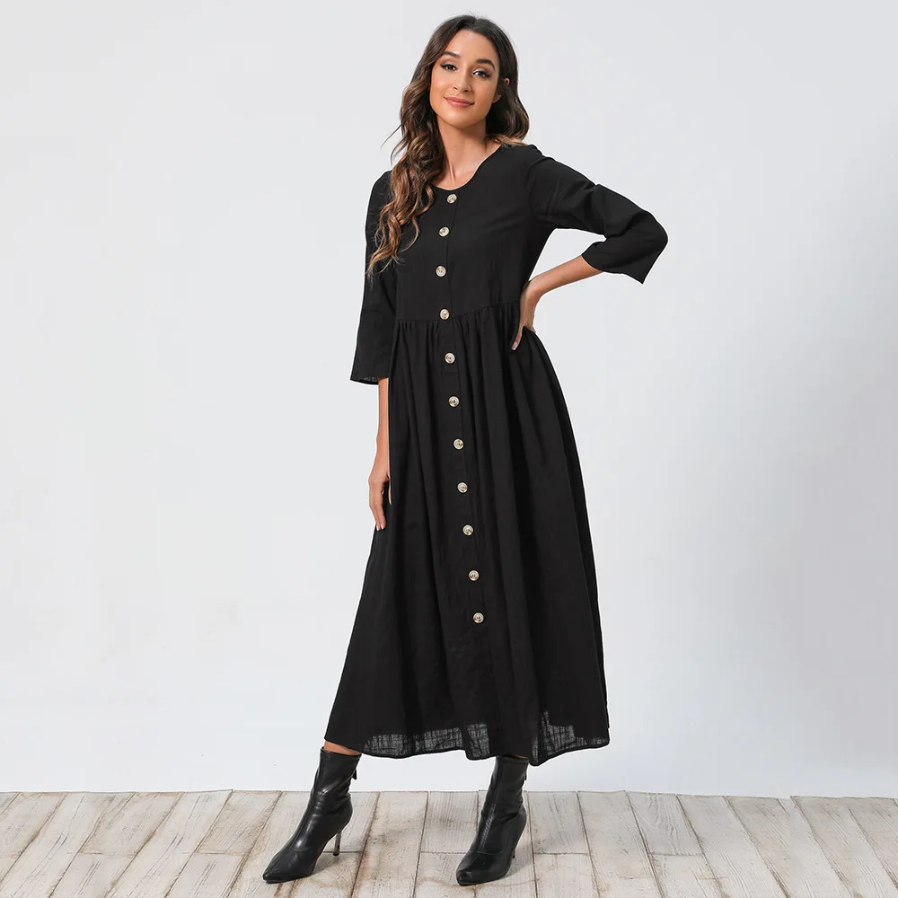 Zarif Rahat uzun elbise Güz 2021 Yeni Moda İnce O Boyun Uzun Kollu Tek Düğme siyah elbise Mütevazı Şık Kadın Vestidos