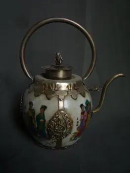 koleksiyon Eski Qing Hanedanı gümüş ve porselen çaydanlık,boyama güzellik, işareti ile, Ücretsiz kargo  10