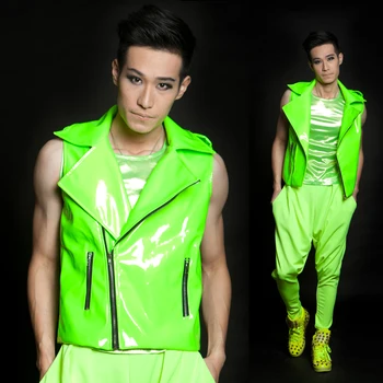 Sıcak Yeni DS Moda Erkek Marka Yelekler Sahne Şarkıcı Giyim Erkek Neon Yeşil Süper Motosiklet Yelek Erkek Giyim Kostüm Ceket M-3XL  5