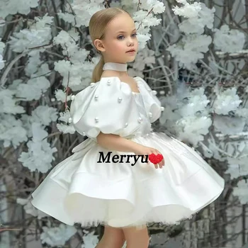 Yeni Beyaz Çiçek Kız Elbise Prenses Düğün Parti Elbise Zarif Resmi Saten İnciler Çocuklar İlk Communion Elbise  10