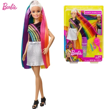 Barbie Gökkuşağı Sparkle Saç Bebek Seti Kız Oyun Ev Bakım Giyinmek Oyuncak Kız Oyuncak Tatil Hediye  10