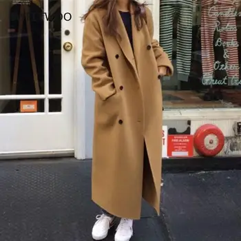Kore Kadın Sonbahar Kış Kruvaze Uzun Yün Ceket Bayanlar Uzun Kollu Çentikli Yaka Palto Parka Ceket Vintage  5