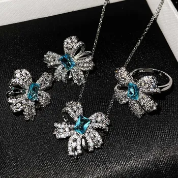 Lüks Gelin Yay Takı Setleri Gümüş Renk Taklit Mavi Topaz Taş Kolye Küpe Yüzük Kadınlar için düğün takısı  5