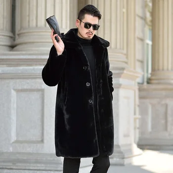 Uzun Siyah Faux Kürk Ceket Erkek İngiltere Stil Kış Ceket Gevşek Erkek Giyim  5