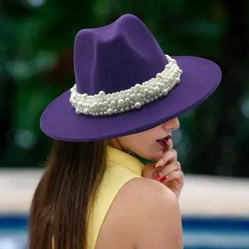 Kadın Kış Bahar Vintage İnci fötr şapka, Kadınlar İçin Geniş Ağızlı Moda Panama Kap  10