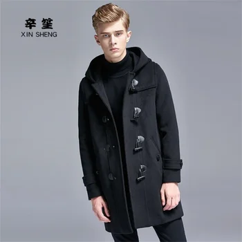 Boynuz toka rahat yün ceket erkekler trençkotlar uzun kollu palto erkek kaşmir ceket casaco masculino Kapşonlu ingiltere siyah  4