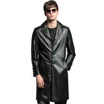 Erkek uzun koyun derisi ceket uzun sonbahar hakiki deri ceket siyah takım elbise yaka ince resmi dış giyim  4