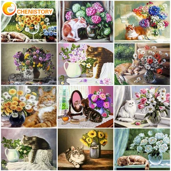 CHENISTORY Tuval Üzerine Sayısına Göre DIY Boyama El Çizim Kedi Çiçek Resim Hayvan Yağlıboya HandPainted Ev Dekorasyonu  5