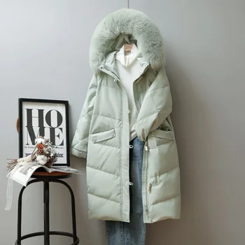 2021 Kış Yeni Kadın Ceket Xlong Ceket Gerçek Tilki Kürk Kapşonlu Ceketler Kadınlar için 90 % Beyaz Ördek Aşağı Kalın Giyim Streetwear  1