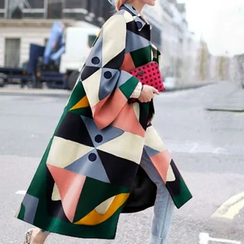 Renkli Baskı Trençkot Kadınlar için Sonbahar Yeni Moda Geometrik Baskı Turn-aşağı Yaka Gevşek Uzun Palto Kadınlar için Donsigent  4