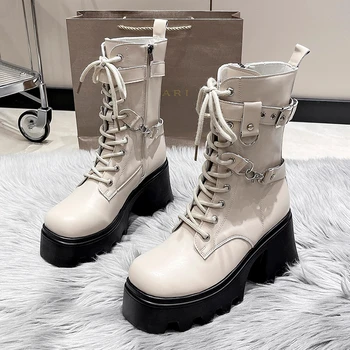 Yeni Beyaz Kış Kadın Sıcak Peluş Zip Katı Kalın Yüksek Topuklu Kare Burunlu Ayakkabı Rahat Bayan Tıknaz Platformu Metal Toka çizmeler  5