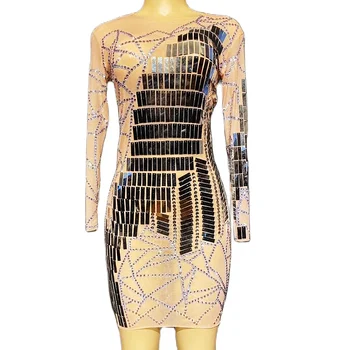 Uzun Kollu Sıska Elastik Kadın Kısa Örgü Elbise Parlak Rhinestones Payetli Ayna Elbiseler Akşam Balo Kıyafet Sahne  10