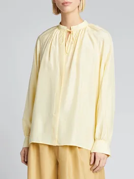 Kadın Sarı O-boyun Dantel-Up Gevşek Bluz 2022 Yaz Yeni Rahat Basit Üst Bayanlar Kapalı Düğme Uzun Kollu Gömlek  5