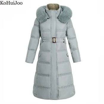 KoHuiJoo Kış Ceket Kadınlar 2022 Kontrast Renk Kış İnce İnce Uzun Kalın Sıcak Parkas Palto Kürk Kapşonlu Aşağı Ceket Kadın  5
