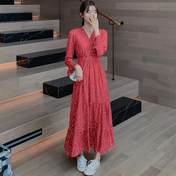 İlkbahar Sonbahar Kırmızı Baskı Şifon Uzun Kollu V Yaka Maxi Elbise Kadınlar Zarif Bodycon Elbise 2022 Kore Rahat Parti Midi Vestidos  5