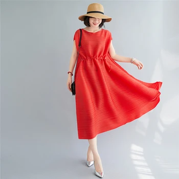 Sıcak satış Miyake issey Miyake kat kısa kollu moda o-boyun katı Orman serisi ipli elbise STOKTA  4
