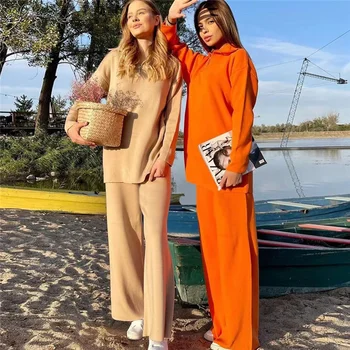 Kadın İki parçalı Setleri Moda Geniş Bacak Pantolon Rahat Kadın Kıyafetler 2 Parça Katı Kolay Kazak Seti Sonbahar Yeni  5