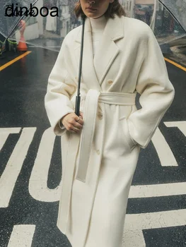 Kış Kadın Zarif Uzun Yün Ceket Kemer ile Katı Rahat Kruvaze Şık Giyim Bayanlar Palto Kadın Giysileri Yeni  5