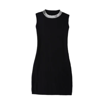 Ağır İş Boncuk Siyah Örgü Elbise Kadın Standı Yaka Kolsuz İnce Paket Kalça Yelek Elbiseler s192  5