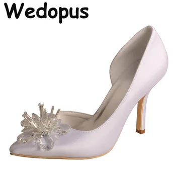 Kristal Süslemeli Düğünde Özel El Yapımı Kadın Topuk Ayakkabı Beyaz 9.5 CM  4