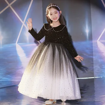 Kızların Uzun Düğün parti elbise kabarık örgü Prenses kabarcık kollu Efkaristiya ziyafet ilk Pullu Boncuklu balo parti elbise  10