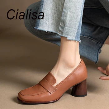 Cialisa Kadın Ayakkabı Yeni 2022 Sonbahar Kare Ayak Koyun Derisi Pompaları Özlü El Yapımı Bayanlar Slip-On Yüksek Topuklu Ayakkabı Kahverengi Siyah  5