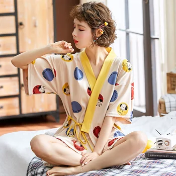 2020 Kadın Yaz Kısa Kollu Gevşek Güzel Pamuk Tatlı Bitki Çiçek Kravat Askısı Leisurewear Takım Elbise  5