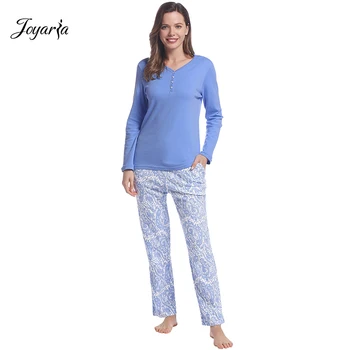 Joyaria 2 Parça Bayan Pamuklu Pijama Takımı Desenli Gecelik Süper Yumuşak Pijama Rahat Loungewear Uzun Kollu  5