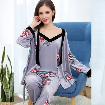 Baskı 3 ADET Kadife Kadın Kimono Robe Pijama Setleri Seksi V Yaka Kıyafeti Pijama Bornoz Iç Çamaşırı Bayan Sabahlık Pijama  5