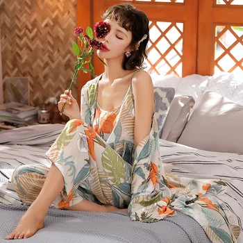 Kadın 3 adet Viskon pijama setleri 2020 ilkbahar ve yaz Seksi Kadın Pijama Setleri Sling + Elbise + Pantolon Kadın Pijama  5
