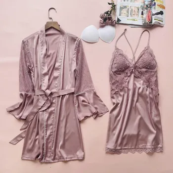 Dantel Patchwork Elbise Seti Kadın Kimono Bornoz Elbisesi Seksi Saten Pijama İki Adet Takım Elbise Perspektif Kıyafeti Samimi İç Çamaşırı  4
