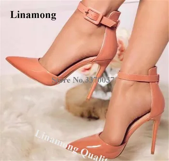 Linamong Sivri Burun Patent Deri Stiletto Topuk Pompaları Ayak Bileği Kayışı Toka Yüksek Topuklu Resmi Elbise Ayakkabı Büyük Boy Ayakkabı  5