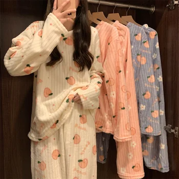 Şeftali Mercan Polar kışlık pijama Seti Kadın O-Boyun Uzun Kollu Vintage Casual Tatlı İki Parçalı Ev Takım Elbise Kalınlaşmak Pijama  5