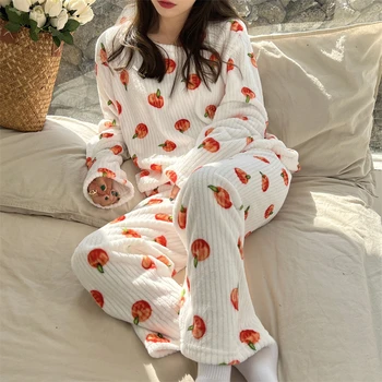 2021 Yeni Sonbahar Kış Kadın Pijama 2 Parça Setleri Gecelik Pijama Büyük Boy Mercan Polar Ev Giysileri Takım Elbise  5