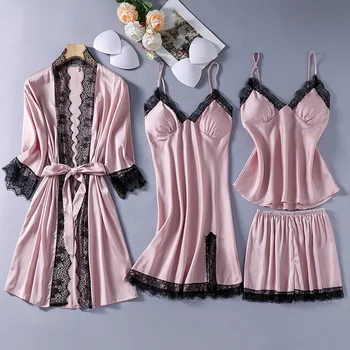Yaz Yeni Pijama Seti Kadın Seksi Pijama 4 ADET Elbise Takım Elbise Dantel Patchwork Kimono Bornoz Elbisesi Samimi Iç Çamaşırı Kıyafeti  4