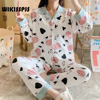 WIKISSPJS Bahar Sonbahar kadın Ince Uzun Kollu Pantolon Hırka Ev Giysileri Rahat Takım Elbise Japon Pijama Kadın  5