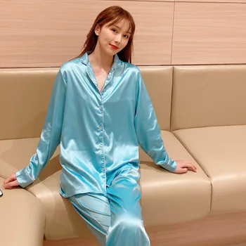 2020 Yeni İpek gibi Pürüzsüz Nefes Cilt Dostu Pijama Takım Elbise Bayan Uzun Kollu Katı Pijama Zarif Saten Pijama 2 parça  10