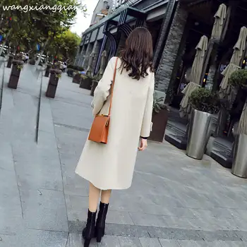 Kadın Yeni Kore Eğlence Yün Ceket Kadın Uzun Sonbahar kışlık kıyafet Gevşek Hepburn Rüzgar Sis Mavi Yün Ceket Kadın A578  5