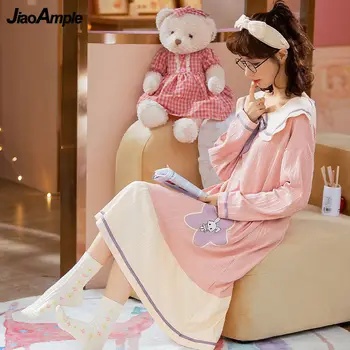 Pamuklu Pijama Kadın Sonbahar Bebek Yaka Gecelik Kore Moda Gevşek Sevimli Pijama Kızlar Tatlı Pijama Gecelik Takım Elbise  10