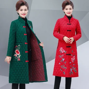 Kadın Kış Uzun Bölüm Stand-up Yaka Pamuk kapitone ceket Orta Yaşlı Ve Yaşlı Bayanlar Çin Tarzı İşlemeli Mont  5